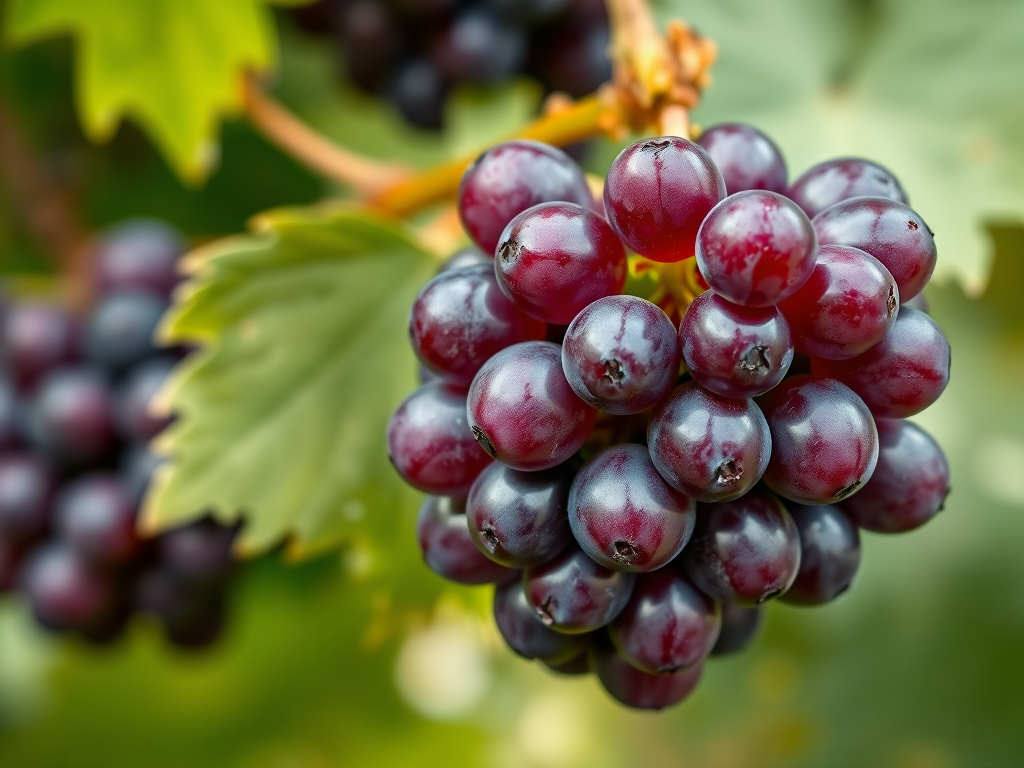 Create a high-resolution illustration of a cluster of purple grapes with a glossy finish, soft focus, captured with a DSLR camera, 50mm lens at f/2.8, ISO 100, natural lighting to enhance colors and textures.
