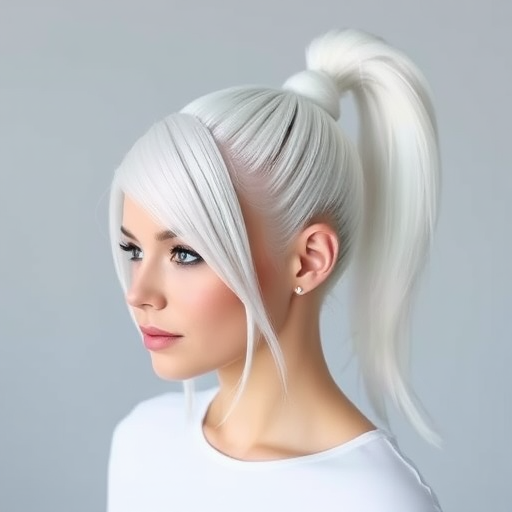 Icy white hair styled in a sleek, high ponytail called "Arctic Queen," features a glass-like shine and razor-sharp edges, with baby hairs artfully laid to frame the face, exuding an air of regal elegance and modern sophistication
