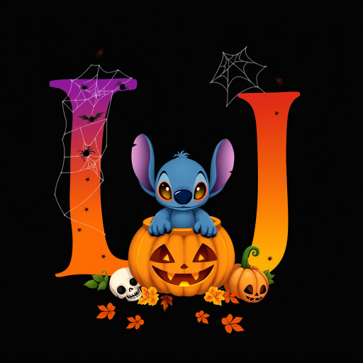 A whimsical and vibrant Halloween-themed digital illustration featuring the letter "I" adorned with spider webs, small bats, and cute spiders. At the base of the letter, a playful alien character similar to Stitch is peeking out from inside a carved pumpkin with glowing eyes, surrounded by additional pumpkins, a small skull, and autumn leaves. The letter is gradient-colored from orange to purple, adding a magical atmosphere to the scene, black background