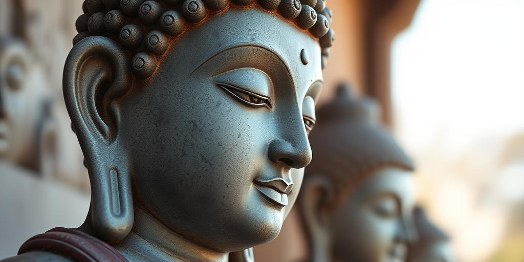 Regenerate an image of a serene Buddha statue with a close-up view, captured in soft natural lighting, using a DSLR camera with a 50mm f/1.8 lens, aperture set at f/2.8, ISO 100, and a shallow depth of field to emphasize the intricate details and textures.
