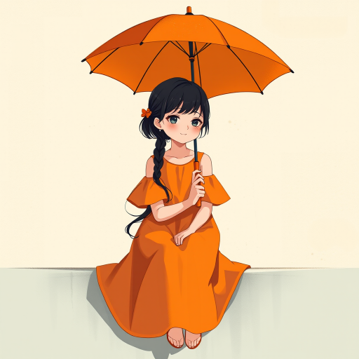 Create an illustration of a girl sitting on a ledge with an orange umbrella, wearing a vibrant orange dress, soft pastel background with a textured look, using a digital art style, captured from a slightly elevated angle, with a focus on soft lighting and warm tones, simulating a Canon EOS 5D Mark IV with a 50mm f/1.8 lens at f/2.8, ISO 200, and a resolution of 300 DPI.