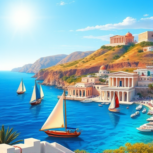 Generate a vibrant illustration of a coastal scene with classic Greek architecture, featuring rolling hills, ancient temples, and sailboats on a clear blue sea under a bright sun, using a digital art style at 300 DPI, with a landscape orientation, shot at a wide-angle view with a high saturation color palette.