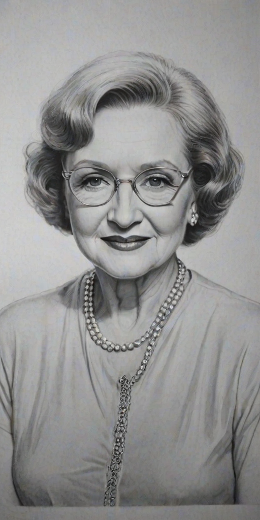 Wonderful Betty White, pencil sketch, portrait of Resplendent woman 1928s in glasses, hair style beatnik, outline, clear lines, fine lines, 8k