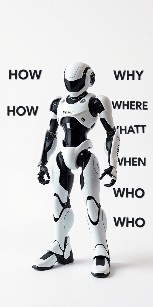 A humanoid robot with a white and black design, standing in a dynamic pose with the words "HOW," "WHY," "WHERE," "WHAT," "WHEN," and "WHO" artistically arranged around it on a clean, white background, taken with a Canon EOS R5, 50mm lens, f/1.8 aperture, ISO 100, shot in soft natural light for vibrant colors and sharp details.