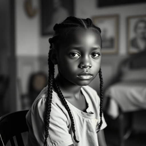 Portrait of a young girl with intricate braided hair sitting in a vintage room, captured with a Canon EOS R5, 50mm lens, f/1.8, ISO 100, natural light, shallow depth of field, fine grain, monochrome style.