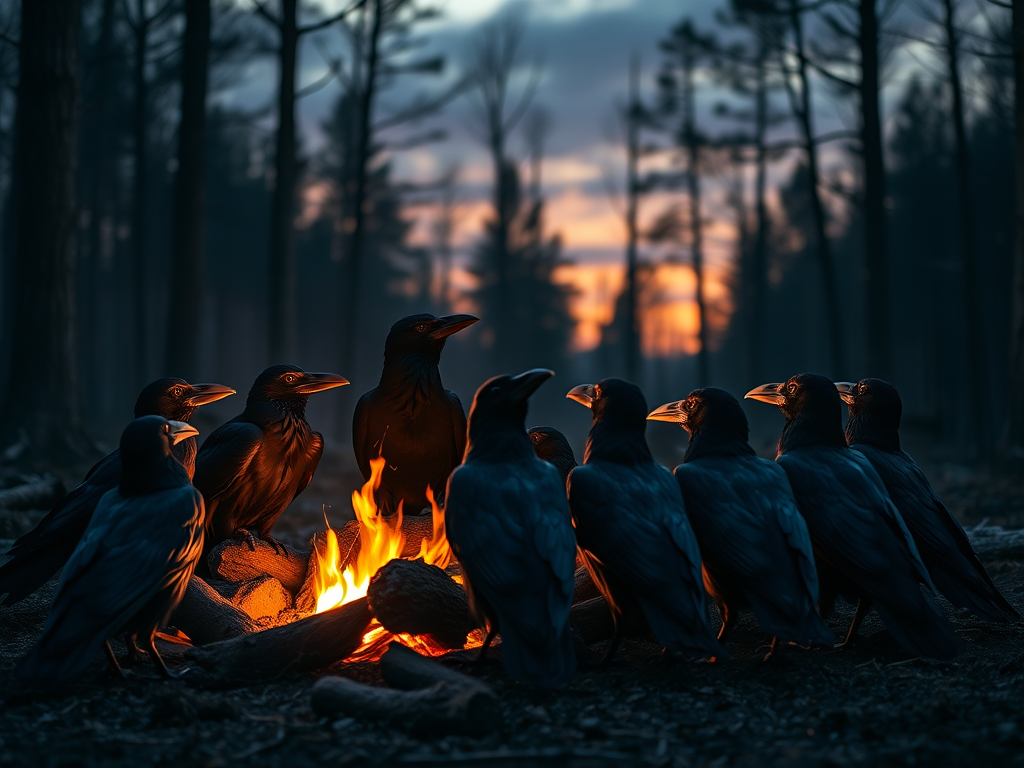 A group of ravens gathered around a crackling campfire in a dark forest during twilight, warm light illuminating their feathers, high-resolution, f/2.8 aperture, ISO 400, 24mm lens, with a slightly elevated angle for depth, shot on a digital DSLR.