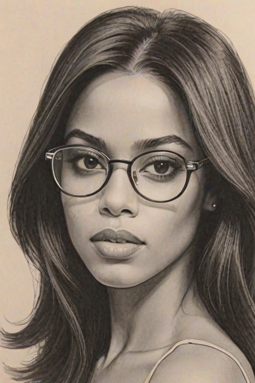 Enticing Aaliyah, pencil sketch, portrait of Bewitching woman 1969s in glasses, hair style beatnik, outline, clear lines, fine lines, 8k