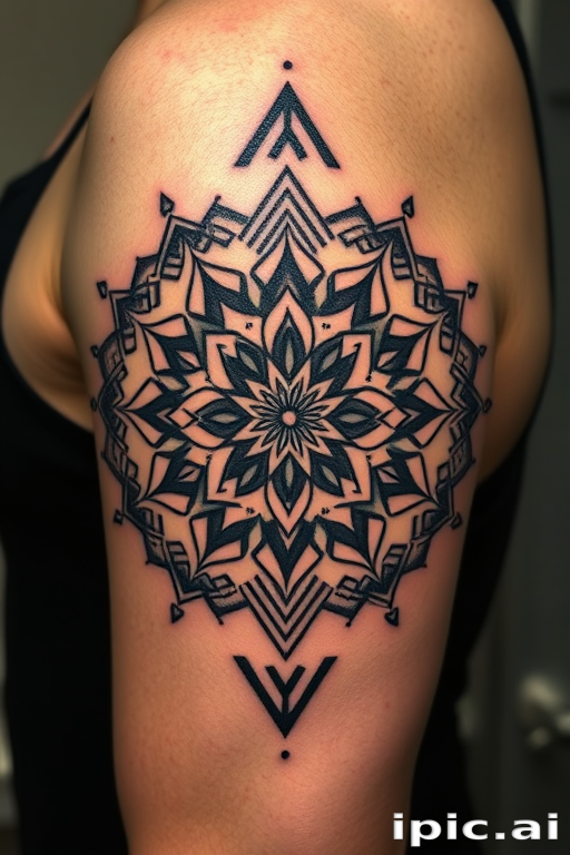 Geometric blackwork tattoo called "Sacred Symmetry" combining intricate mandala patterns with sharp angles and dotwork shading to create a three-dimensional optical illusion effect on the skin