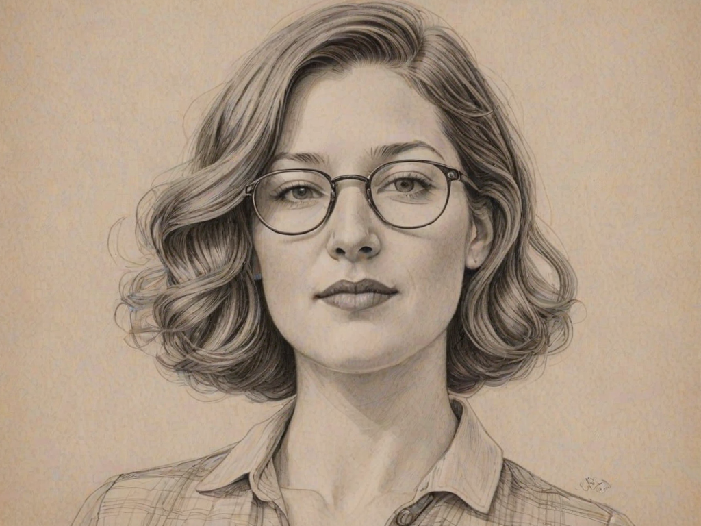 Delightful Kelly Macdonald, pencil sketch, portrait of Exquisite woman 1921s in glasses, hair style beatnik, outline, clear lines, fine lines, 8k
