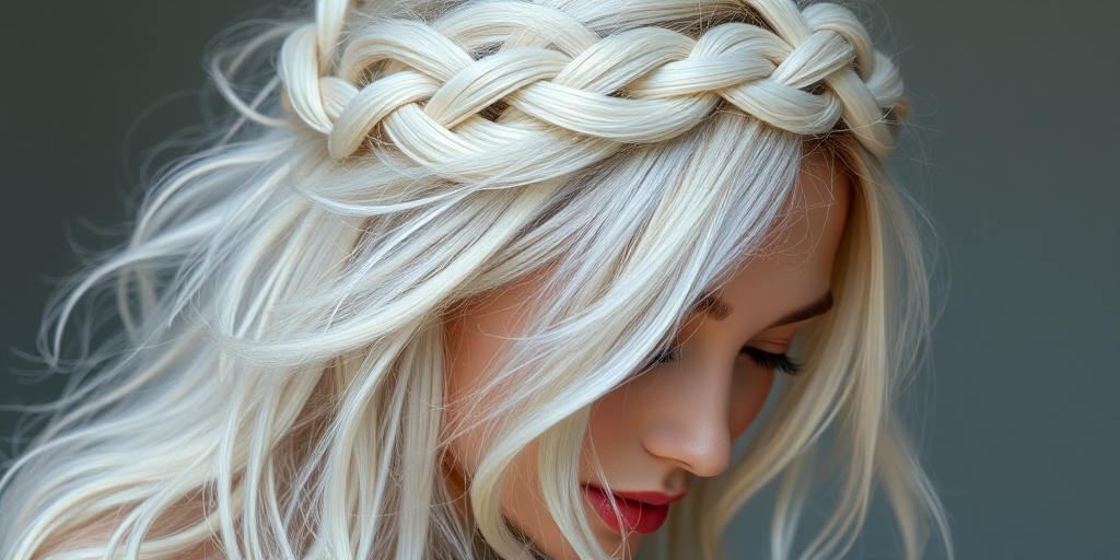 Dreamy image showcasing Opal Essence hair, iridescent white with subtle rainbow reflections, styled in a loose, romantic braided crown