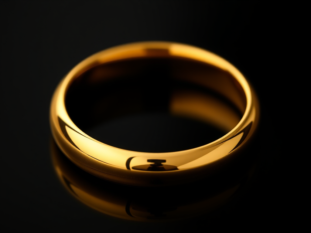 create an ultra-realistic image of a gold ring with a glossy finish on a black background using a DSLR camera with a 50mm f/1.8 lens, aperture set to f/2.8, ISO 100, and a shallow depth of field to enhance detail and focus on the ring's surface texture