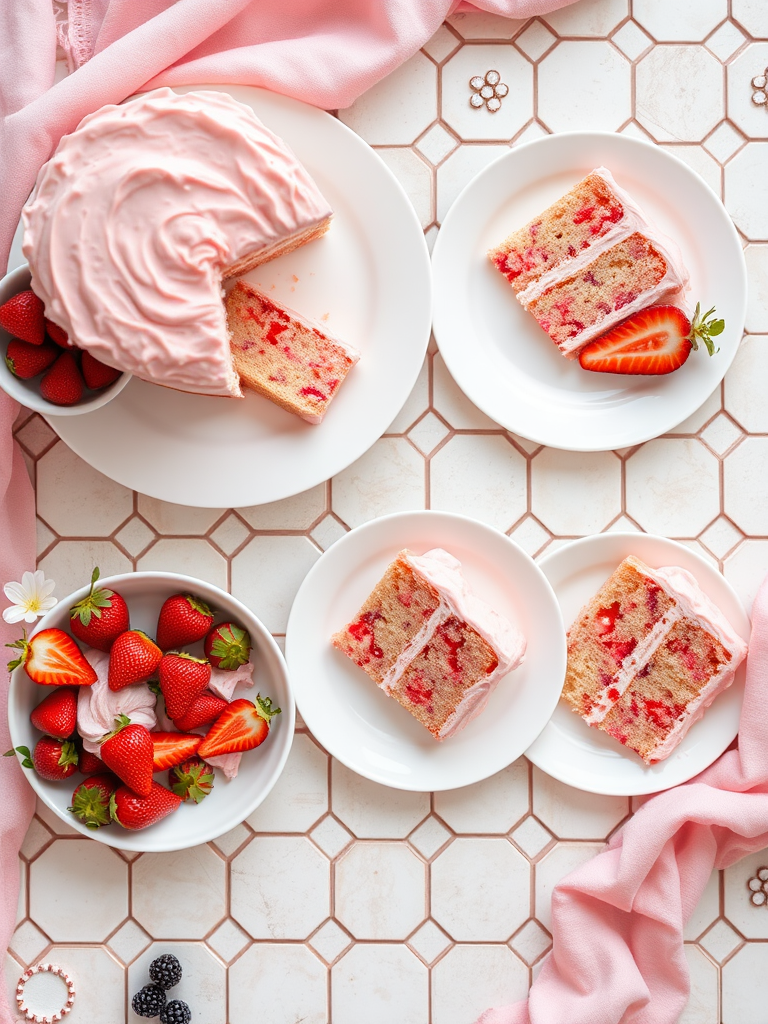 A beautifully arranged dessert table featuring slices of strawberry cake with pink frosting on white plates, accompanied by fresh strawberries in a bowl, set on a hexagonal tile surface with a soft pink fabric draped elegantly.
