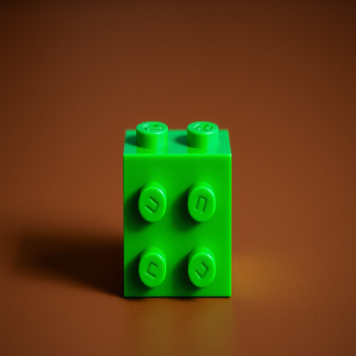 Generate a high-quality image of a green LEGO brick, front view, with a Canon EOS 5D Mark IV camera, f/8 aperture, 1/125 sec shutter speed, ISO 100, soft diffused lighting.