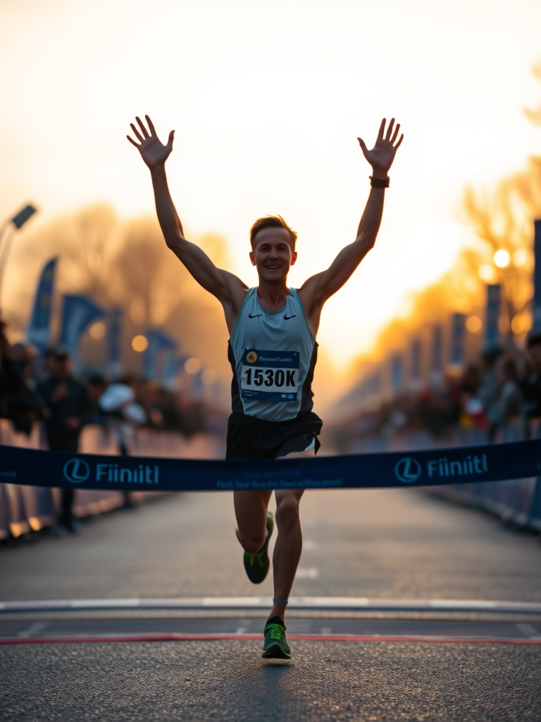 Blurry action shot of a runner crossing the finish line of a marathon at dawn, arms raised in triumph, with soft light from the rising sun casting long shadows and cheering crowds blurred in the background.