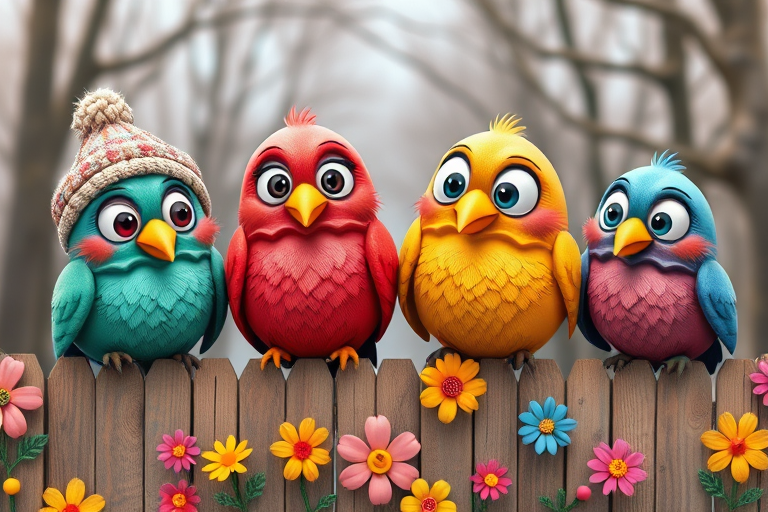 create a scene of 4 quirky  whimsical colourful comical birds each with a funny expression. they are sat on a wooden fence with colourful flowers. they are all different sizes. each one is a different colour  one is wearing a woolly hat. Each one has a different quirky google expression and there is a muted background of trees watercolour paintierly style high definition 8k resolution 3D paper mache