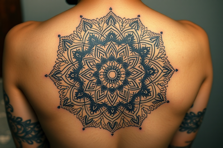 Ornate mandala tattoo incorporating intricate patterns and symmetrical designs inspired by various cultures, meticulous dotwork and linework creating mesmerizing details, spiritual and meditative symbolism