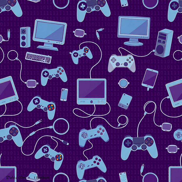 Create a seamless pattern design featuring gaming consoles, computers, smartphones, game controllers, and cables on a dark purple background with binary code, captured with a DSLR camera at f/8 aperture, 50mm lens, high saturation, and sharp focus.