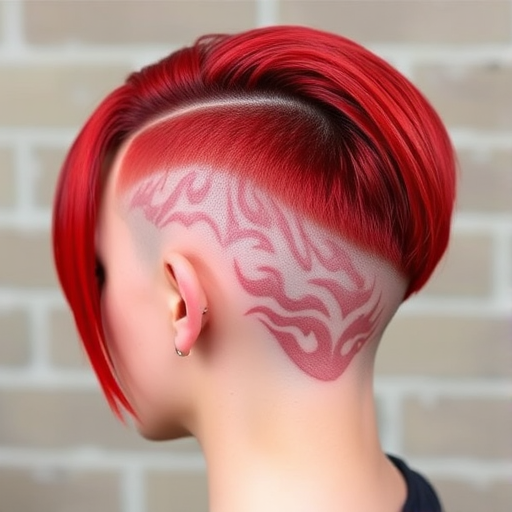Bold crimson undercut called Scarlet Blaze combining sleek straight lengths on top with closely cropped sides and nape revealing intricate flame-inspired designs shaved into the shorter areas
