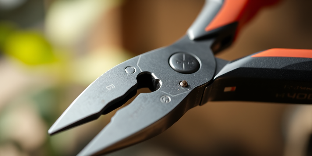 Create a high-quality image of a pair of pliers, using a macro lens with an aperture of f/2.8, 50mm focal length, ISO 100, shot from a slightly elevated angle in natural light to emphasize the details and textures of the tool.