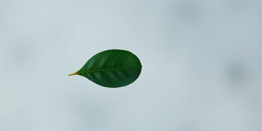 regenerate a minimalist illustration of a single dark green leaf with an abstract light blue and gray background, use a DSLR camera with a 50mm lens at f/2.8, ISO 100, and a shallow depth of field for enhanced detail and softness in the background.