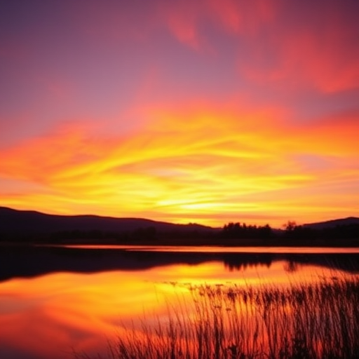 Create a high-resolution image of a serene landscape during sunset, focusing on a calm lake reflecting vibrant orange and purple hues in the sky, using a DSLR camera with a 50mm lens, aperture f/4, ISO 100, with a shallow depth of field from a low angle perspective.