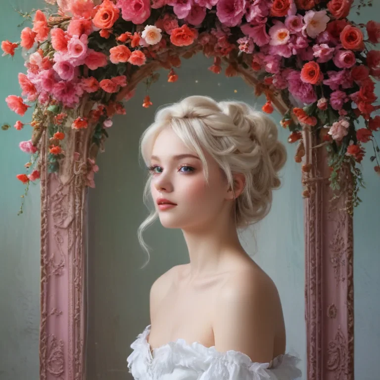 Elegant Portrait of a Young Woman Surrounded by Vibrant Floral Arrangements