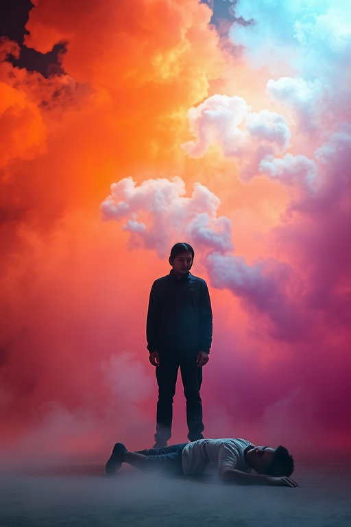 Create a high-resolution image of a surreal scene featuring a standing figure silhouetted against a colorful smoke background with hues of orange, blue, and purple, while a second figure lies on the ground, shot with a Canon EOS R5 at f/1.8, ISO 100, 50mm lens, using a soft focus and dramatic lighting to enhance the ethereal atmosphere.