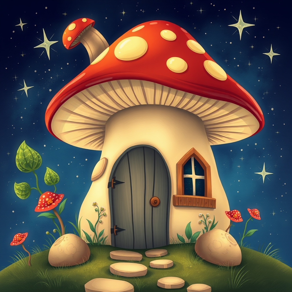 create illustration of a mushroom house with a door and a window, a storybook , fantasy art, mushroom house, bg starry sky, sparkles