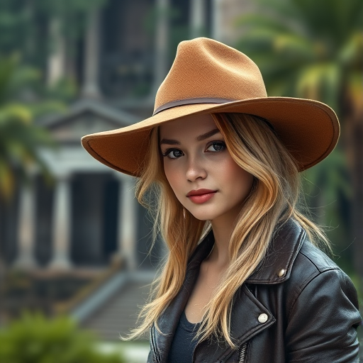 portrait of a young woman with blonde hair wearing a wide-brimmed hat and leather jacket against a lush, ancient temple background, taken with a Canon EOS R5, 85mm lens, aperture f/1.8, ISO 100, soft natural lighting, focused depth of field