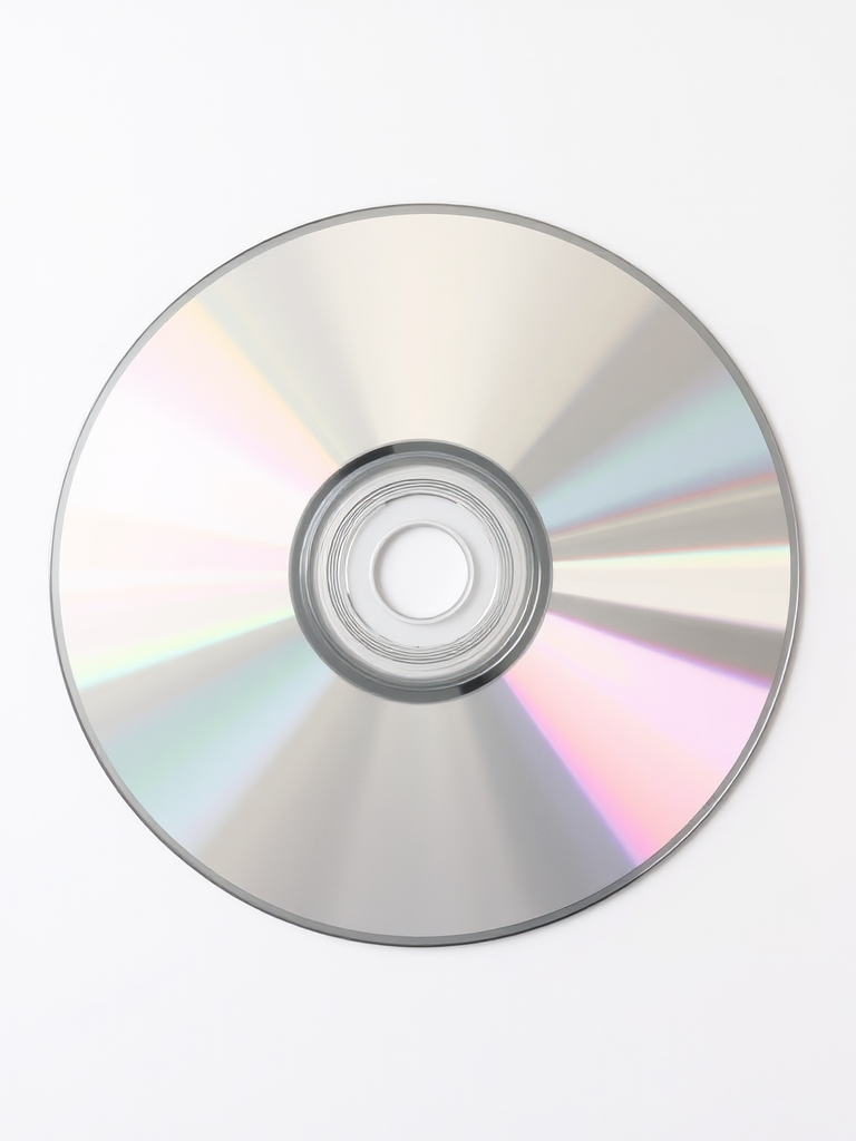 Create a high-resolution image of a shiny silver CD against a clean white background, using a DSLR camera with a 50mm lens, aperture set to f/2.8, ISO 100, and a shallow depth of field for focus on the CD, captured from a slightly elevated angle to enhance reflection and detail.