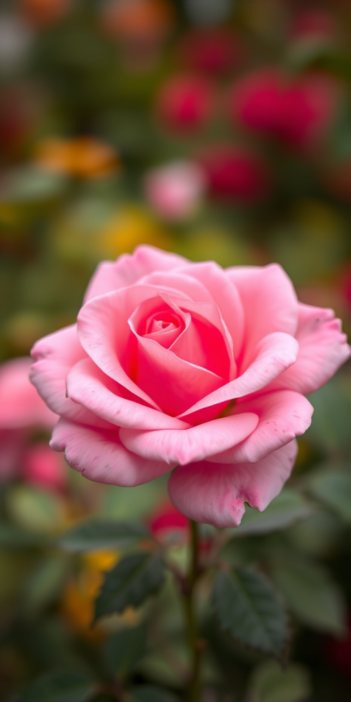 photograph a blooming pink rose with soft petals in a garden setting, aperture f/2.8, shutter speed 1/200 sec, ISO 100, focal length 50mm, natural light, macro lens, shot from a low angle for depth of field and vibrant background blur