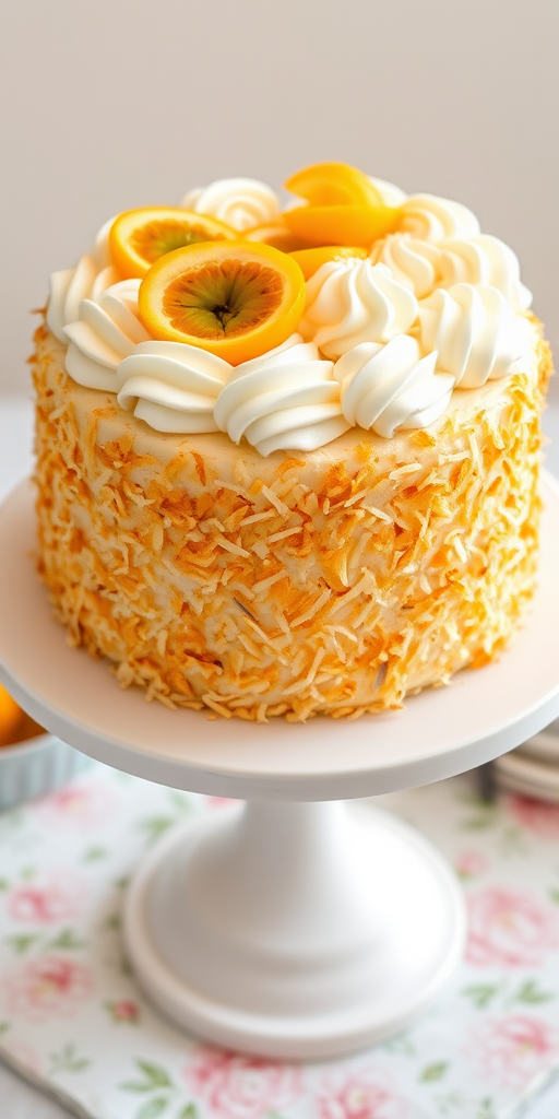A beautifully decorated cake on a white pedestal with toasted coconut flakes covering the sides and a bright yellow passion fruit topping surrounded by swirls of white frosting on top. The background features a soft, light-colored setting with a floral patterned napkin.
