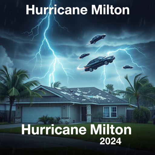 Hurricane Milton blows a roof off a home. Strong winds and rain blows sideways. Palm trees uprooted and bent over. Cars flying through the sky with debris. Sky is dark with thunder storms. Lightning strikes are fluorescent blue. Add text Hurricane Milton 2024