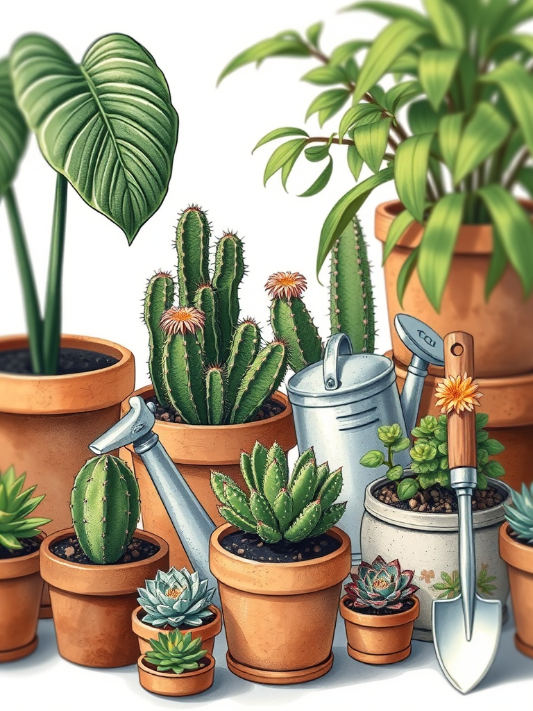 Create a highly detailed illustration of various potted plants, including a leafy plant, cacti with flowers, and small succulents, arranged with a decorative watering can and a trowel, using a soft focus effect, with a DSLR camera set to f/4 aperture, ISO 200, and a 50mm lens, in natural light.