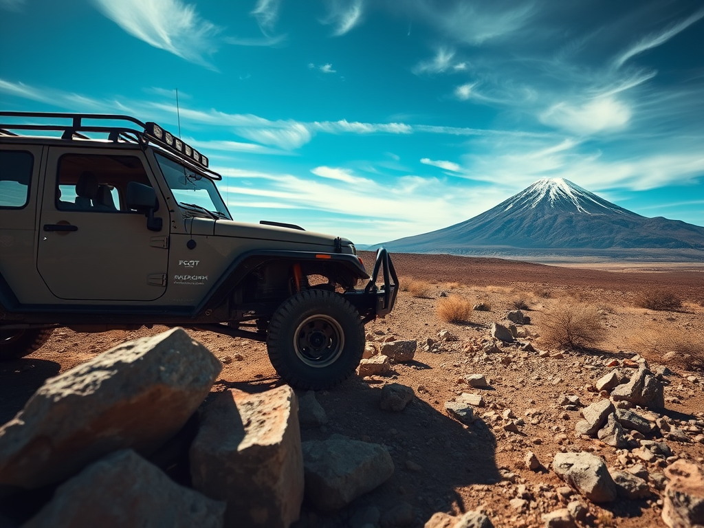 capture a rugged off-road truck parked on a rocky landscape with a distant mountain under a clear blue sky and wispy clouds, shot with a DSLR camera at 24mm focal length, f/8 aperture, ISO 100, with a wide-angle perspective for depth and clarity