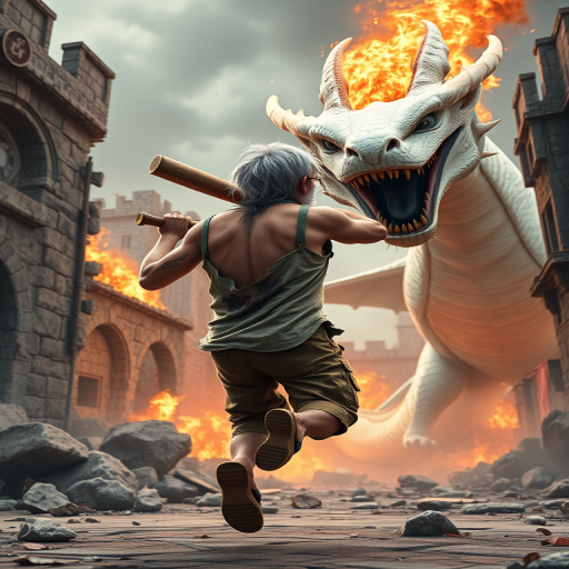 Cartoon 3D High-Resolution,dynamic battle scene using Unreal Engine 5 and Octane Render. The scene features back of an elderly, thai man with a beard,messy hair and round golden-rimmed glasses. He is wearing a tattered tank top with soot marks, shorts, and sandals. sweating. he wields a baseball bat. He jump to fight with a white fire-breathing Europe dragon amidst a partially destroyed stone castle. Include intense flames, smoke, and debris to enhance the dramatic effect.