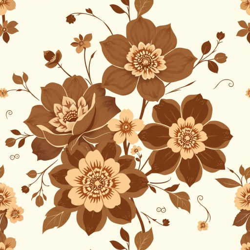 Create a seamless floral pattern featuring large brown and beige flowers with intricate designs, accompanied by smaller flowers and gentle vines on a light beige background.