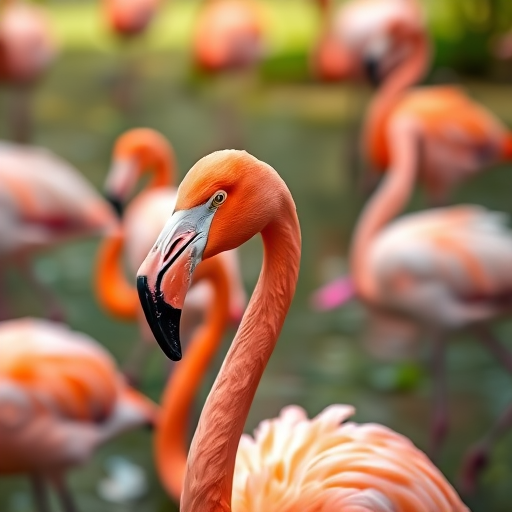 Generate an image of a vibrant flamingo in a natural habitat surrounded by other flamingos with a shallow depth of field, f/2.8 aperture, ISO 100, 50mm lens, soft natural lighting, shot from eye level to capture details and textures vividly.