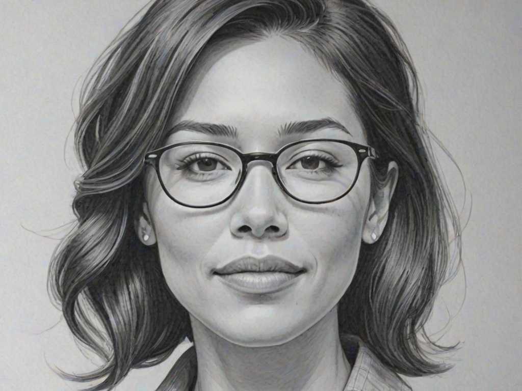 Graceful Michaela Conlin, pencil sketch, portrait of Wonderful woman 1958s in glasses, hair style beatnik, outline, clear lines, fine lines, 8k