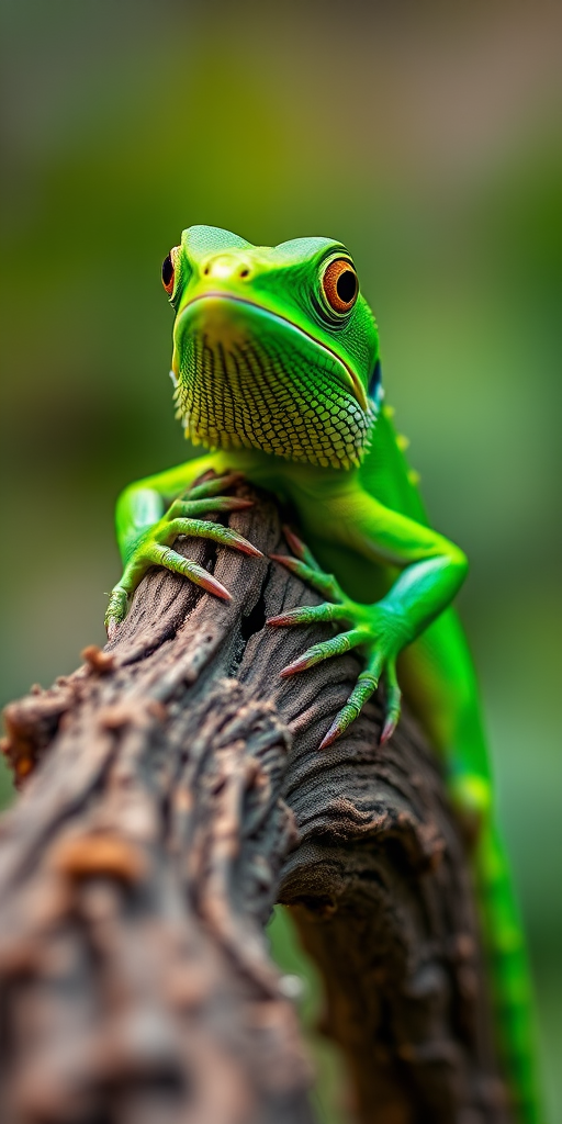 Close-up of a vibrant green lizard perched on a textured branch, natural habitat background, shot with a Canon EOS R5, 85mm f/1.2 lens, aperture f/2.8, ISO 200, 1/200s shutter speed, shallow depth of field for a blurred background.