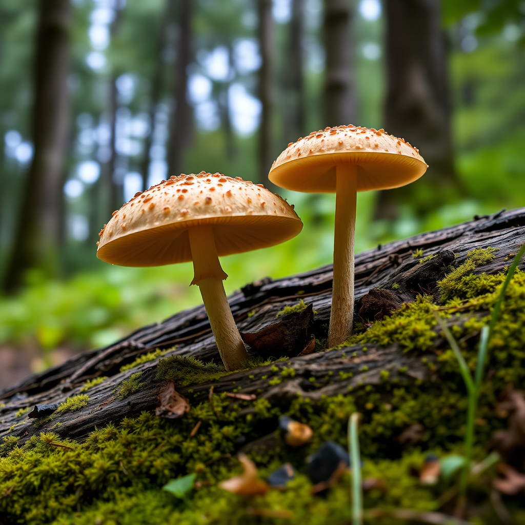 Generate an image of two mushrooms growing from a log in a lush forest setting, with a blurred background of trees and greenery, captured using a DSLR camera at f/2.8 aperture, ISO 100, shutter speed 1/200s, with a macro lens for enhanced detail and soft bokeh effects.