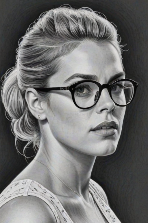 Superb Busy Philipps, pencil sketch, portrait of Superb woman 1972s in glasses, hair style beatnik, outline, clear lines, fine lines, 8k