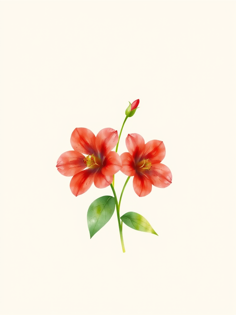 Create a detailed watercolor illustration of two red flowers with green leaves on a soft beige background, taken with a Canon EOS 5D Mark IV, 50mm lens, f/2.8 aperture, ISO 100, using a soft focus style for a delicate and serene effect.