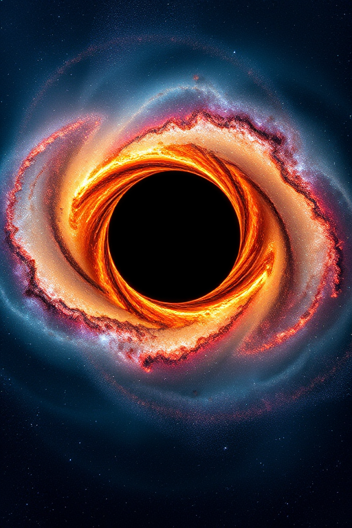 Create a high-resolution image of a glowing black hole encircled by a vibrant, swirling galaxy, shot with a DSLR camera at f/8 aperture, ISO 100, with a wide-angle lens to capture the expansive cosmic scene, using HDR imaging for enhanced details and contrast.
