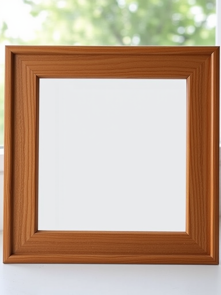Create a blank image with a wooden frame, using a 50mm lens, aperture set to f/1.8, ISO 100, and a slight vignette effect, captured in soft natural light from the left side, in a high-resolution DSLR format.