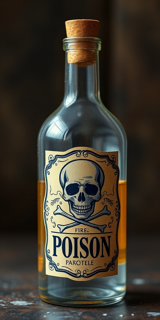 Create an illustration of a poison bottle with a skull and crossbones label, using a Canon EOS 5D Mark IV, 50mm lens, f/1.8 aperture, and 1/125s shutter speed, with a soft focus background to enhance the bottle's details and colors.