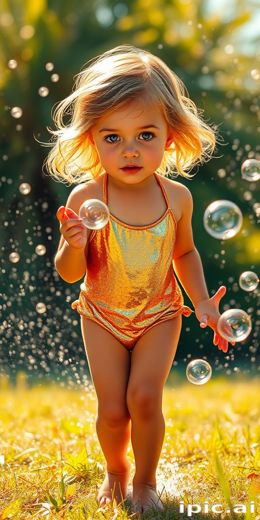 An airbrushed magic pop art Impressionism style of a sun-kissed tan little girl, with a translucent glow, with an metallic gold one piece swimsuit, golden brown eyes flowy golden brown blonde hair, bare feet, playing in the sprinklers, blowing bubbles filled with lightning magic, illuminated summer landscape. Iridescent gold