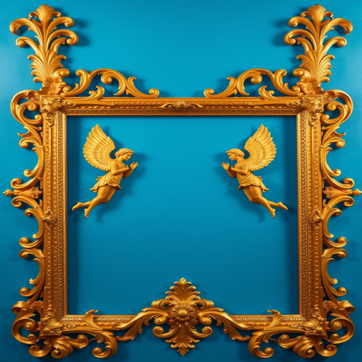 regenerate an ornate golden frame featuring two angelic figures on a bright blue background, use a DSLR camera with a 50mm lens, aperture set to f/2.8, ISO 100, and a shallow depth of field for a soft focus effect, high resolution, and vibrant colors to enhance image quality.