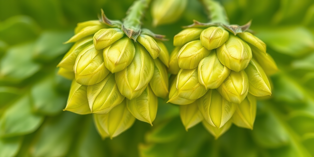 Create a highly detailed illustration of two hop leaves, showcasing intricate textures and vibrant shades of green, using a macro lens at f/2.8 for shallow depth of field, at a 45-degree angle from above, with a soft natural light background to enhance the colors and details.