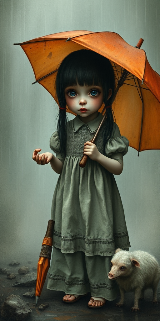 An eerie, weird little girl with dark hair in thin pigtails, wearing a smock dress, standing in the rain, holding a dirty orange umbrella, a small, odd creature beside her. In a surreal style inspired by Nicoletta Ceccoli and Brian Froud. Dark fantasy themes